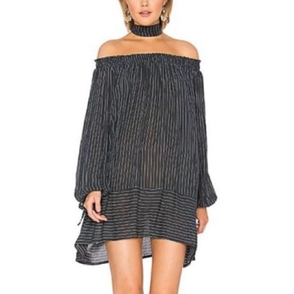 Revolve Faithfull the Brand Mali Mini Dress Gray Pinstripe Off Shoulder Size 2/4